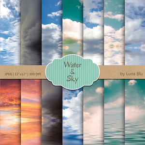 Digitale achtergronden: "Water and Sky" met zonsondergangen, blauwe lucht, thee en stormachtige hemel texturen, water textuur, digitale plakboek papier pakket