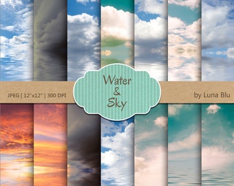 Water & Sky Digital Paper Pack: Sonnenuntergang, Türkis, Sturmtexturen (12x12, 300dpi)