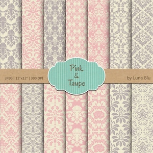 Damask Digital Paper: &quot;Pink and Taupe Damasks&quot; vintage pink scrapbook paper, damask patterns, taupe digital paper, for scrapbooking, invites