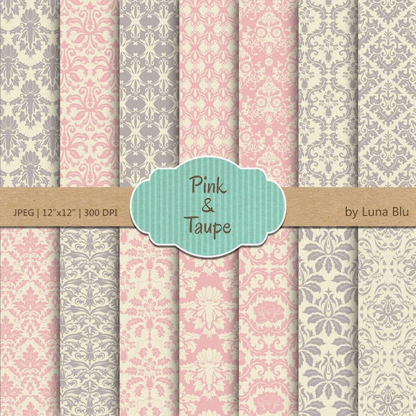 Damask Digital Paper: "Pink and Taupe Damasks" vintage pink scrapbook paper, damask patterns, taupe digital paper, for scrapbooking, invites