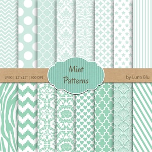 Mint-Digital-Papier: "Mint-Muster" Mintgrün Hintergründe, mit Damast, Chevron, Vierpass, Zebra, für Scrapbooking, lädt ein, cardmaking
