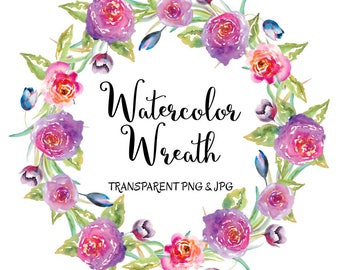 Watercolor Floral Wreath Clipart: Transparent PNG, JPG (Digital Download)