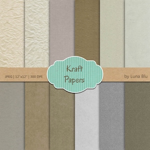 Neutral digital paper pack: "Kraft Paper" includes carboard, textured papers in neutral colors, crumpled paper, wrinkled, construction paper