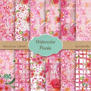 Watercolor Floral Digital Paper: &quot;Watercolor Florals&quot; pink watercolor flowers, floral scrapbooking paper, watercolor clipart