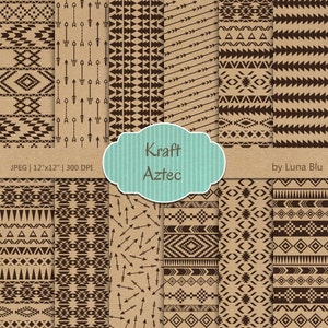 Azteken Digital Papier: "Kraft Aztec" Kraftpapier für Scrapbooking, Einladungen, Cardmaking, Handwerk, Stammes-digitales Papier