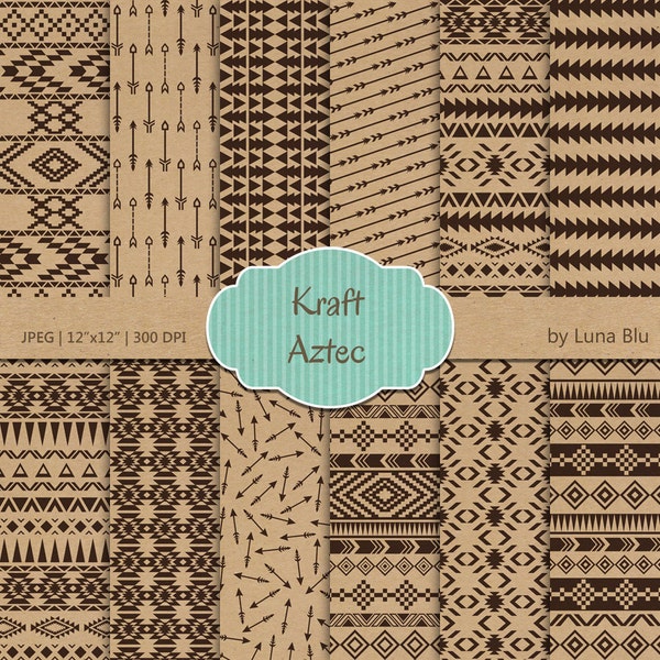 Aztec Digital Paper: " Kraft Aztec"  kraft digital paper for scrapbooking, invitations, cardmaking, crafts, tribal digital paper