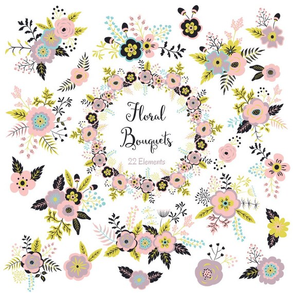 Pink Flower Bouquet Clipart: Floral Wreath Graphics (Digital Download)