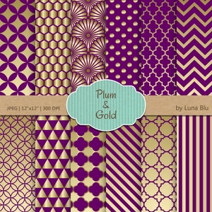 Plum and Gold Digital Paper: "Plum and Gold Patterns " with triangles, quatrefoil, moroccan tile, trellis, chevron, honeycomb, polka dots