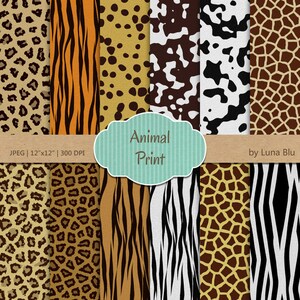 Animal Print Digital Paper: pelliccia corta "Textured Animal Prints", con tigre, zebra, ghepardo, leopardo, mucca, giraffa, giaguaro, dalmata