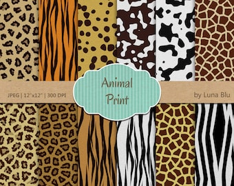 Animal Print Digital Paper: "Textured Animal Prints" short fur, with tiger, zebra, cheetah, leopard, cow, giraffe, jaguar, dalmatian