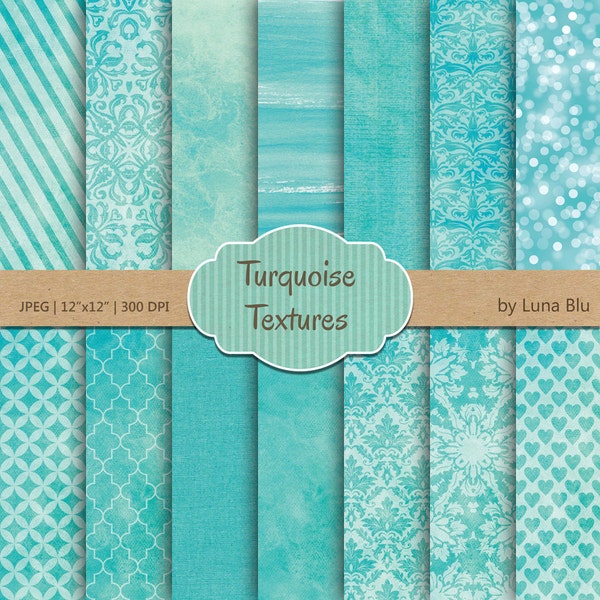 Textured Digital Paper: "Turquoise Textures", turquoise digital paper, textured backgrounds, watercolor, bokeh
