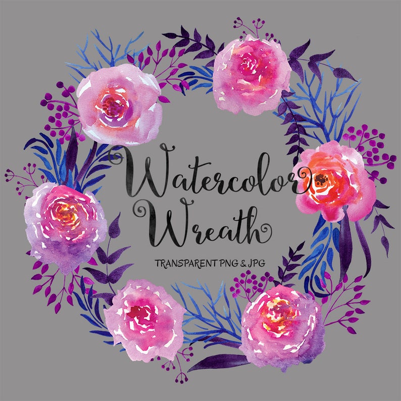 May include: Watercolor wreath with pink and orange flowers, blue and purple leaves, and the text "Watercolor Wreath" in black.
