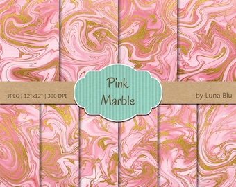 Pink Marble Digital Paper: Gold Foil Scrapbook Backgrounds (JPG)