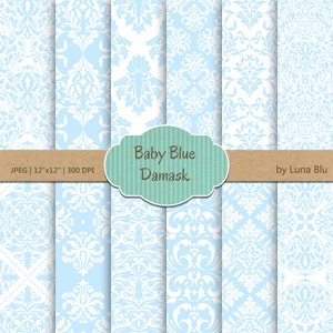 Baby Blau Digital Papier: "Baby Blue Damask" weichen blau, blass blau, Pastell blau digitale Papier für Einladungen, Cardmaking, scrapbooking