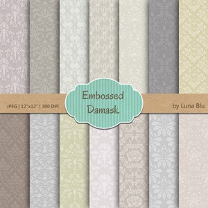 Neutrale Digital Papier: "Geprägt Damaste" Scrapbook Papier, Damast Papier, Damast-Muster, tan, Vanille, Beige, Elfenbein, grau, lila