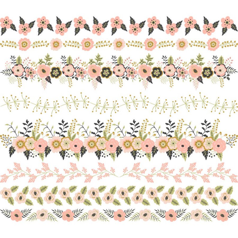 May include: A set of eight floral borders with pink flowers, green leaves, and black stems. The borders are perfect for adding a touch of elegance to any project.