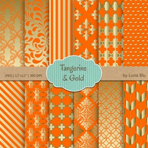 Tangerine and Gold Digital Paper: &quot;Tangerine and Gold Patterns &quot; for invitations, scrapbooking, cardmaking, stationary, crafts