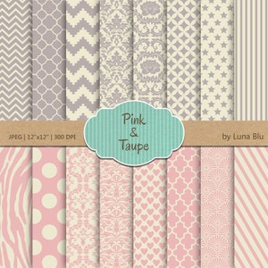 Rosa e carta digitale Taupe: "Rosa e tortora" scrapbook paper pack vintage rosa, con chevron, Damasco, quadrilobato, strisce, cuori, stars