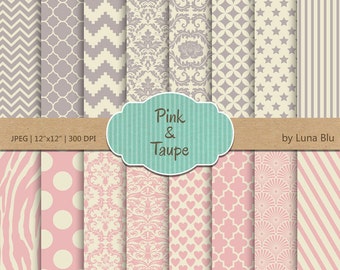 Pink and Taupe Digital Paper Pack: Vintage Patterns (12x12, 300dpi)