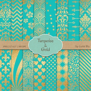 Turquesa y oro papel Digital: "hoja de oro y turquesa" papel digital color turquesa, turquesa y oro papel de scrapbook, papel digital oro