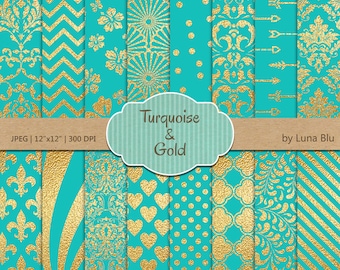 Turquoise and Gold Digital Paper: "Turquoise and Gold Foil" Turquoise digital paper, Turquoise and gold scrapbook paper, gold digital paper