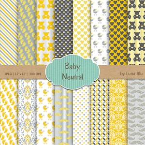 Baby Pack Papier digital: "Neutrale Geschlecht Baby" gelb und grau mit Herzen, Sterne, Bären, Punkten, Damast, Füße, Baby-Scrapbook-Papier