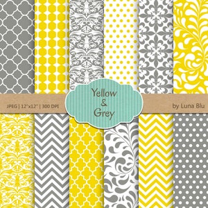 Geel en grijs digitale papier: "Gele en grijze Patterns" voor uitnodigingen, scrapbooking, cardmaking, ambachten