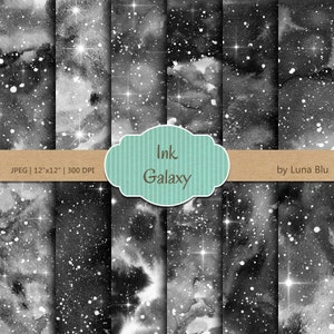 Galaxy Digital Paper: "Ink Galaxy" ster digitaal papier, zwart-wit digitaal papier, zwarte aquarel, nachtelijk hemel digitaal papier