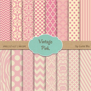 Digital Paper Pack: "Vintage Pink" Muster, Pastell digitales Papier, Pastell rosa Scrapbook Papier, für Einladungen, Karten, Bastelbedarf