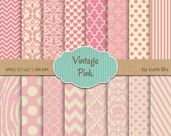 Digital Paper Pack: "Vintage Pink" patterns, pastel digital paper, pastel pink scrapbook paper, for invites, cards, craft supplies