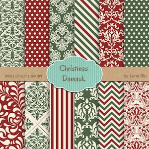 May include: A set of 12x12 inch digital paper patterns in red, green, and white featuring Christmas damask designs, polka dots, stripes, and chevron patterns.  The text "Christmas Damask" is included in the image.  JPEG | 12"x12" | 300 DPI by Luna Blu.
