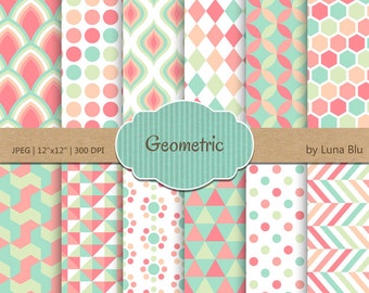 Pastel Geometric Digital Paper: Scrapbook Backgrounds (JPG, 12x12)