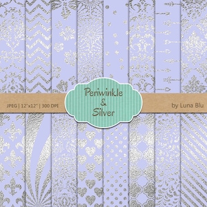 Bígaro y plata papel Digital: papel digital "Periwinkle y hoja de plata" bígaro, Vinca y papel scrapbook plata