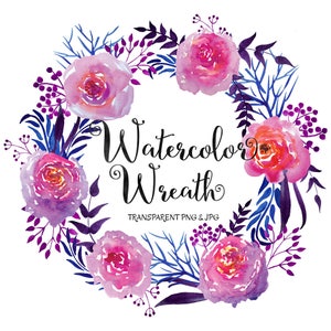 May include: Watercolor wreath with pink and purple flowers, blue and purple leaves, and the text "Watercolor Wreath" in black.