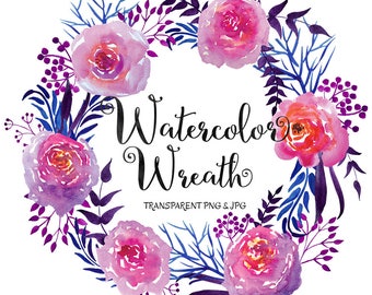 Watercolor Wreath clipart: "Watercolor Floral" watercolor clipart, purple floral wreath, watercolor overlay, transparent PNG, Commercial use