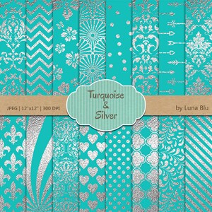 Türkis und Silber Digital Paper: "Türkis und Silberfolie Muster" Türkis digitales Papier, Türkis und Silber Scrapbook Papier