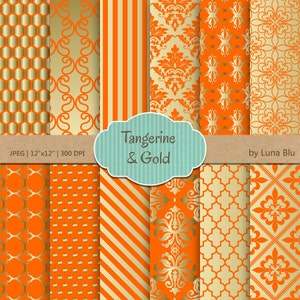 Tangerine and Gold Wedding Digital Paper: &quot;Tangerine and Gold Patterns&quot; scrapbook paper, for wedding invitation, save the date cards