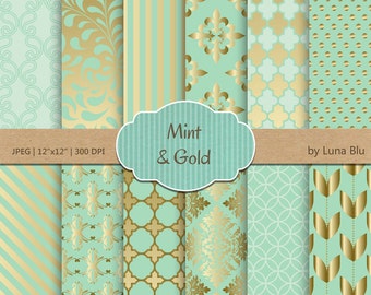 Papier numérique menthe et or : motifs de scrapbooking de mariage (téléchargement numérique)