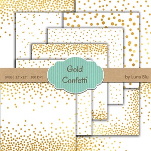 Carta digitale dei coriandoli d'oro: carta da demolizione della lamina d'oro e bianca "White and Gold", oro coriandoli d'oro, punti Polka d'oro