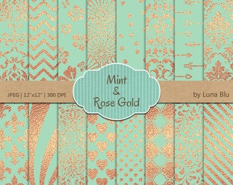 Mint and Rose Gold Digital Paper: "Mint and Rose Gold Foil Patterns" Mint and rose gold scrapbook paper, rose gold foil