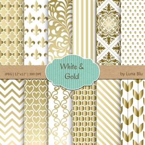 Weiß und Gold Hochzeit Digitalpapier: "Weiß und Gold-Muster" Scrapbook Papier, für Hochzeit, Einladung, save the Date Karten
