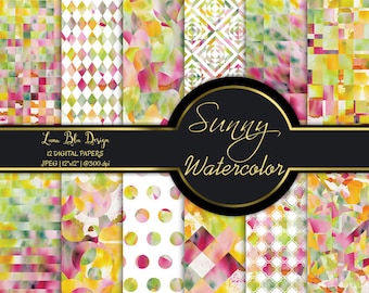 Sunny watercolor patterns, watercolor backgrounds, colorful watercolor digital paper, geometric watercolor scrapbook paper, modern patterns