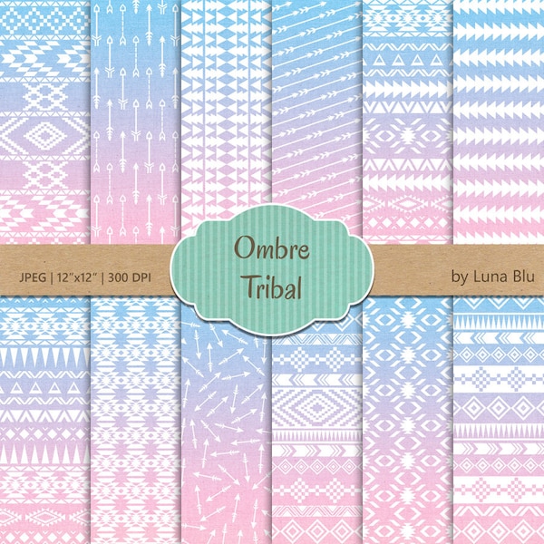 Pink and Blue Digital Paper: " Ombre Tribal" pastel tribal, triangles, chevron, arrows and aztec pattern, ombre digital paper