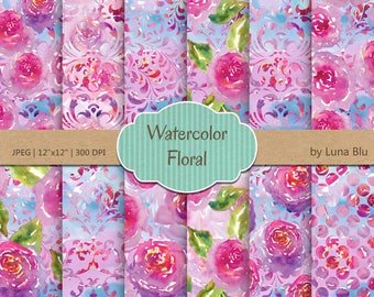 Watercolor Floral Digital Paper: Pink & Purple Scrapbook Patterns (Digital Download)