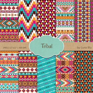 Stammes-Digital Papier: "Bunte Tribal Muster" mit Dreiecken, Chevron, Pfeile, aztekische digitales Papier, entwirft Stammes