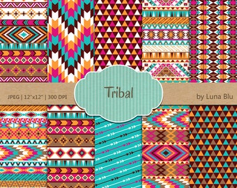 Tribal Digital Paper: &quot;Colorful Tribal Patterns&quot; with triangles, chevron, arrows, aztec digital paper, tribal designs