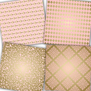May include: Four digital paper patterns featuring pink and gold designs. The patterns include a fleur-de-lis design, a geometric design, a floral design, and a damask design.