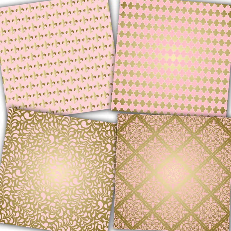 May include: Four digital paper patterns featuring pink and gold designs. The patterns include a fleur-de-lis design, a geometric design, a floral design, and a damask design.