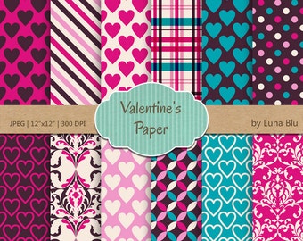Valentine Digital Paper Pack: Hearts, Stripes, Dots (Digital Download)