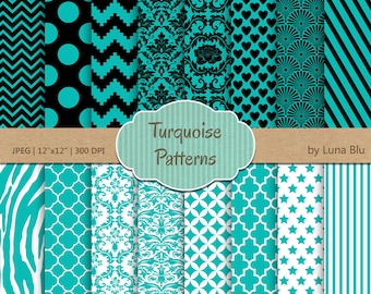 May include: A digital paper pack with 12 different turquoise and black patterns. The patterns include polka dots, chevron, damask, hearts, stripes, zebra print, and more. The pack is 12 inches by 12 inches and 300 DPI. The text "Turquoise Patterns" is in the center of the image. The text "by Luna Blu" is in the bottom right corner of the image.